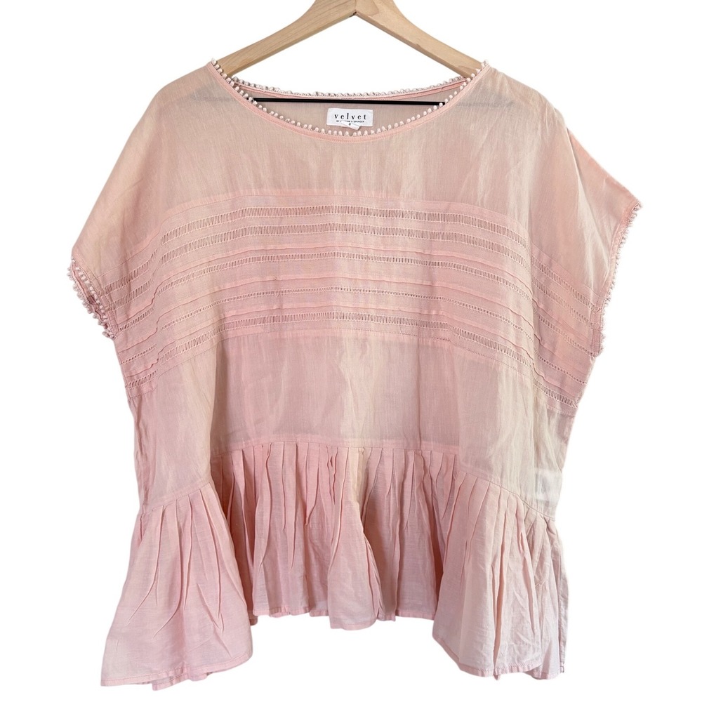 Velvet by Graham & Spencer Pink Cotton Gauze Pintuck Pom Pom Peplum Blouse Small